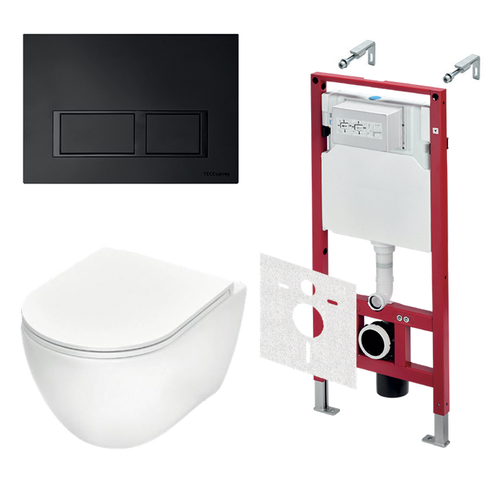 TECEspring Base Комплект: унитаз модель R, инсталяция, панель смыва V с прямоугольными кнопками, цвет: белый / черный матовый