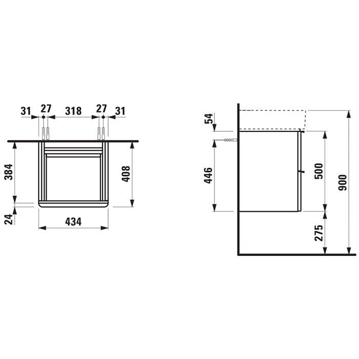 Laufen Space  База с раковиной 43.5х38.5(41)х52см., подвесная, 1 отв., с 2 ящиками, цвет: белый матовый