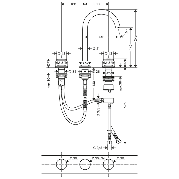 Axor One Смеситель для раковины Sel 170, на 3 отв., круглая ручка, с донным клапаном Push-Open, цвет: сталь