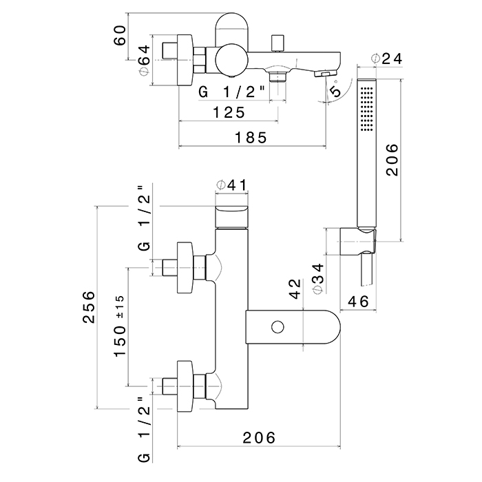 Newform Linfa II Смеситель для ванны, с изливом и ручным душем, цвет: gold satin
