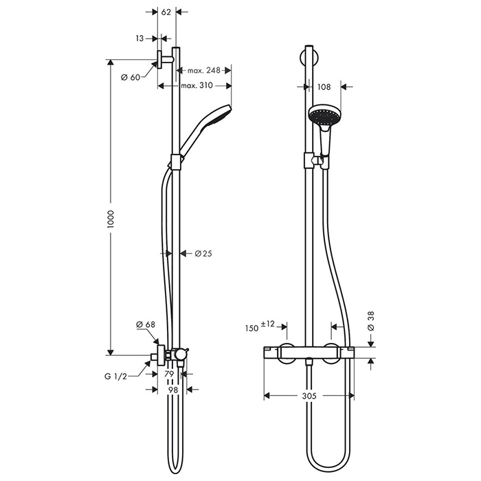 Hansgrohe Croma Select S Душевая система  SemiPipe Multi:  ручной душ, термостат для душа, штанга для душа, держатель для душа, цвет: белый/хром