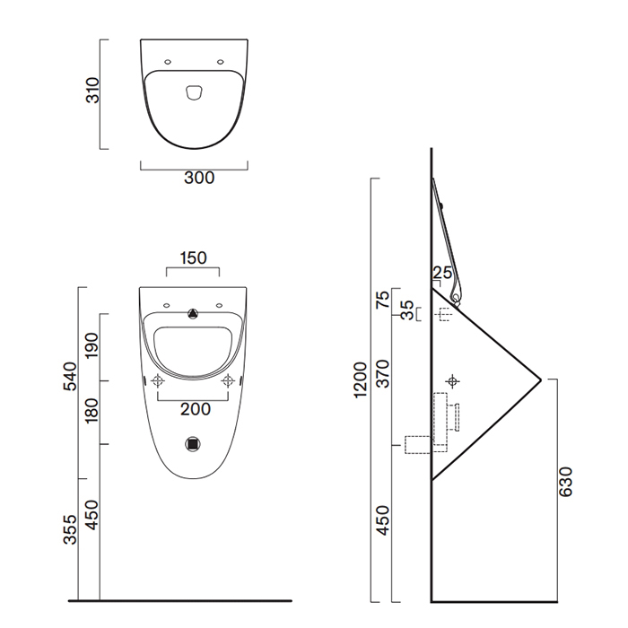 Catalano Писсуар 54x30см Rimless, с отв. под крышку, цвет: черный матовый