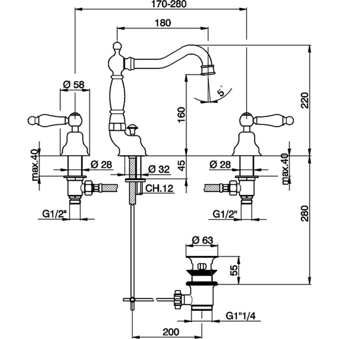 CISAL Arcana Toscana Смеситель на 3 отверстия для раковины, с донным клапаном, цвет: золото/белый