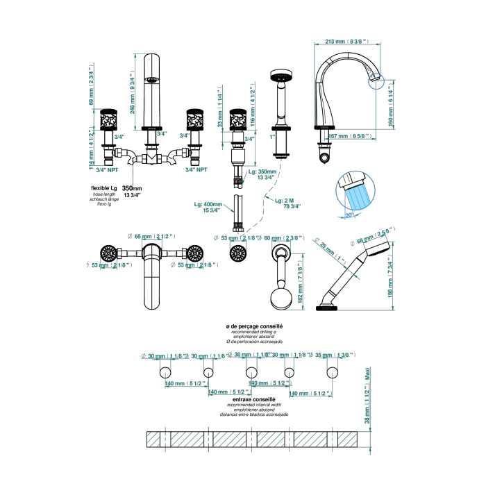 THG Hirondelles Смеситель на борт ванны, 5 отв., с ручным душем, цвет: Soft gold