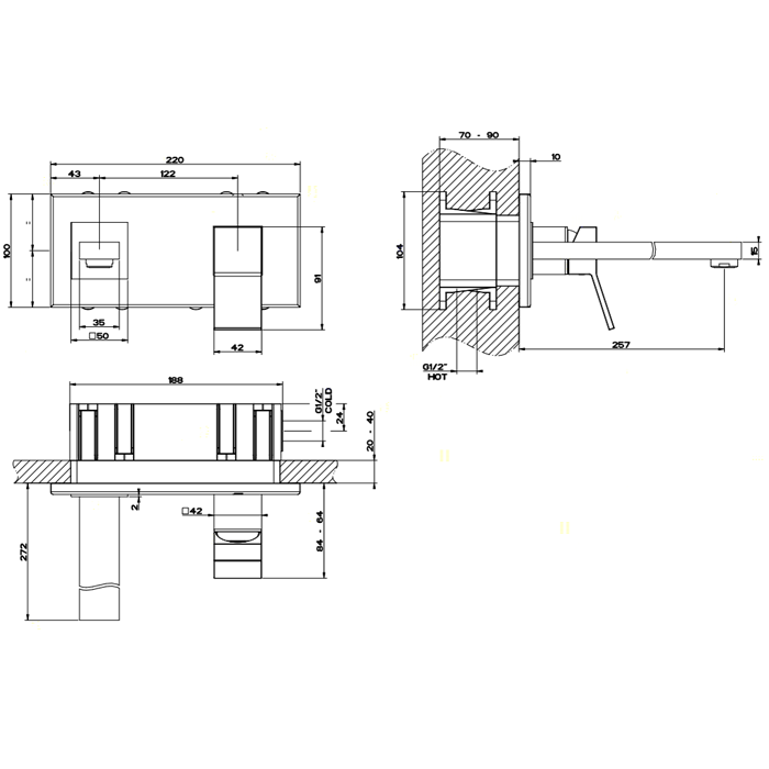 Gessi Rettangolo K Встраиваемый однорычажный смеситель для раковины, излив 249мм, внешние части, цвет: хром