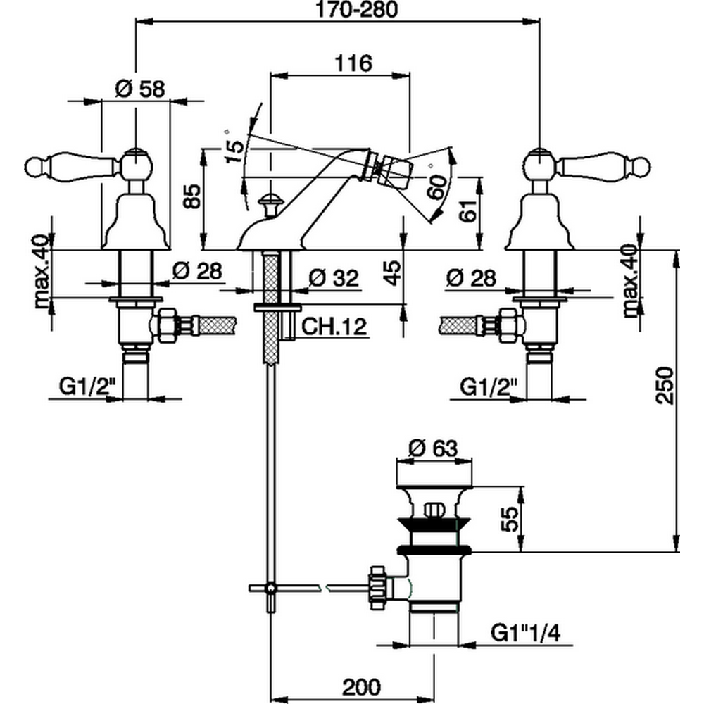 CISAL Arcana Toscana Смеситель для биде на 3 отверстия с донным клапаном, цвет: хром 