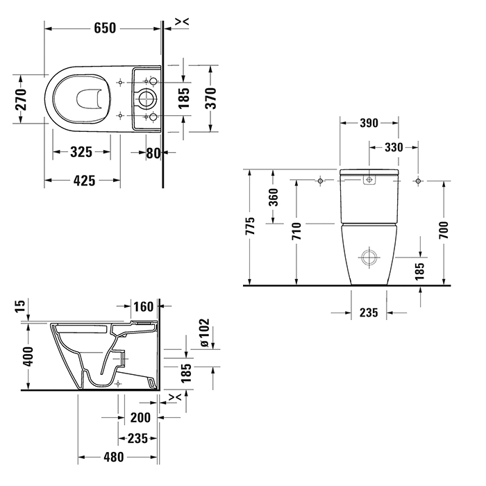 Duravit D-Neo Моноблок 37x65 см, безободковый, слив универсальный, WonderGliss, цвет: белый