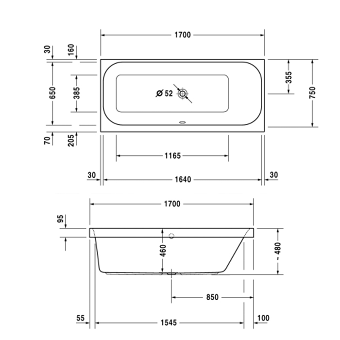 Duravit Happy D.2 Ванна акриловая  170х75x48см, прямоугольная .встраиваемая  версия , с наклоном для  спины справа, цвет: белый