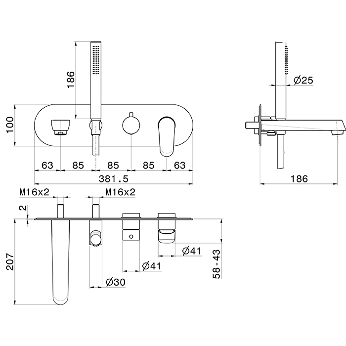 Newform Nio Смеситель для ванны, встраиваемый, с изливом и ручным душем, внешняя часть, цвет: хром