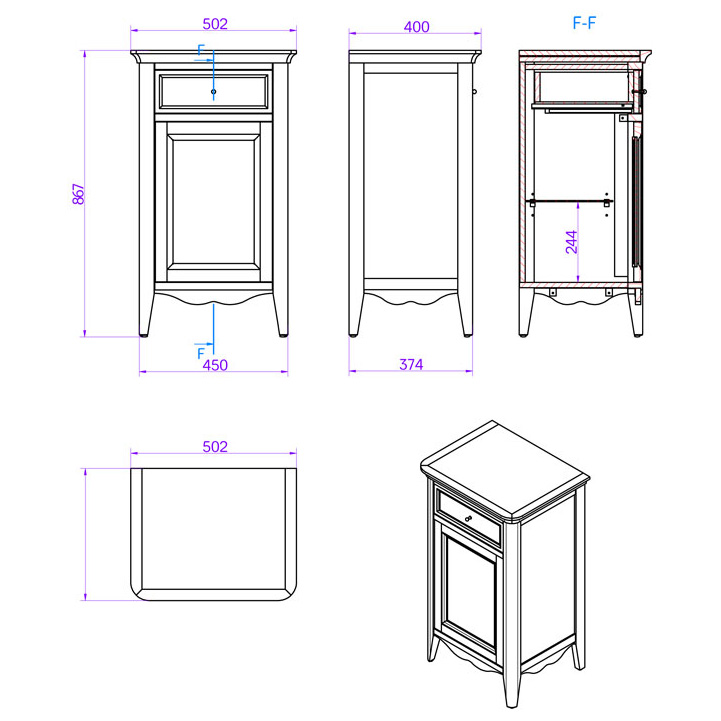 TW Veronica Nuovo тумба напольная с 1-й дверцей, 1-м выдвижным ящиком, доводчиками Blum, ручки бронза,  SX - петли слева, цвет: белый