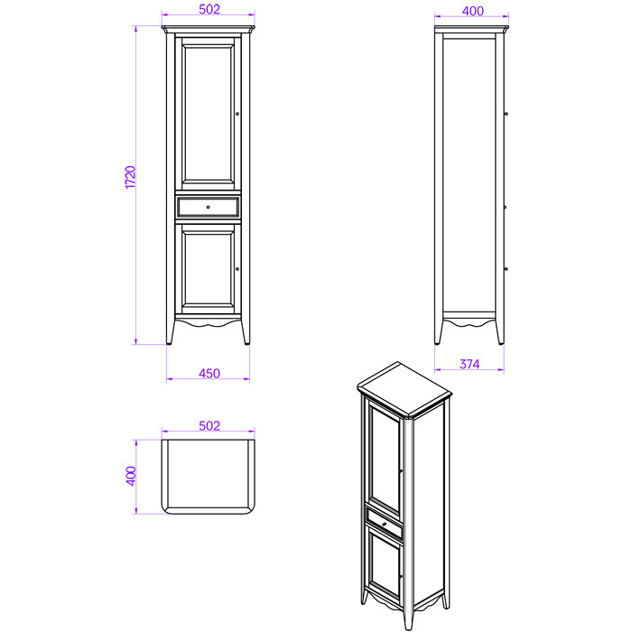 TW Veronica Nuovo колонна напольная с 2-мя дверцами, 1-м выдвижным ящиком, 3-мя стеклянными полками, доводчиками Blum, ручки бронза, SX - петли слева, Цвет: noce