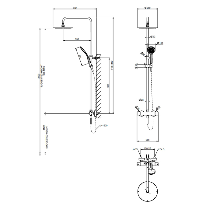 Gessi MINIMALISTIC SHOWER Душевая стойка, с термостатическим смесителем, верхним душем Ø25см, ручным душем и держателем, цвет: brushed copper pvd