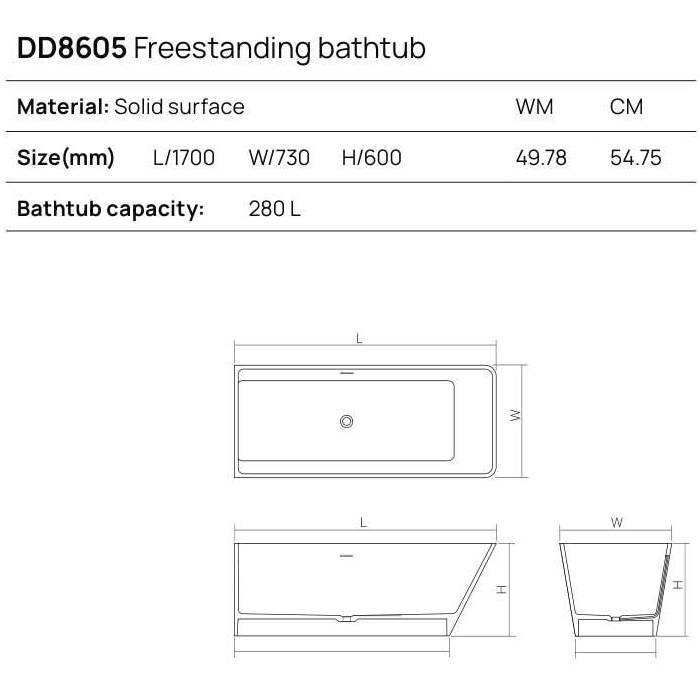 Dea Design Soul Ванна 170х73х60см., отдельностоящая, Solid Surface, цвет: White №18
