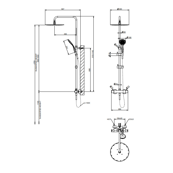 Gessi Minimalistic Shower Душевая стойка с термостатическим смесителем, верхним душем Ø30см., ручным душем и шлангом 150см., цвет: хром