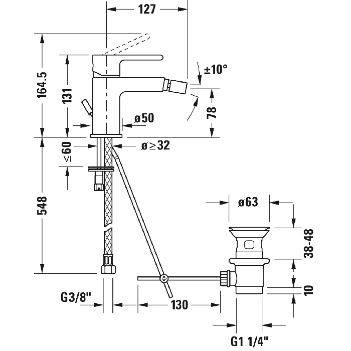 Duravit B.2 Смеситель для биде, 1 отв., с донным клапаном, излив 127мм, цвет: хром