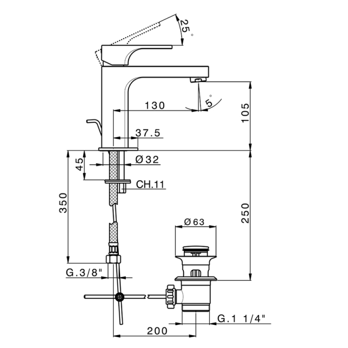 Cisal Cherie Смеситель для раковины, 1 отв., с донным клапаном, цвет: черный матовый