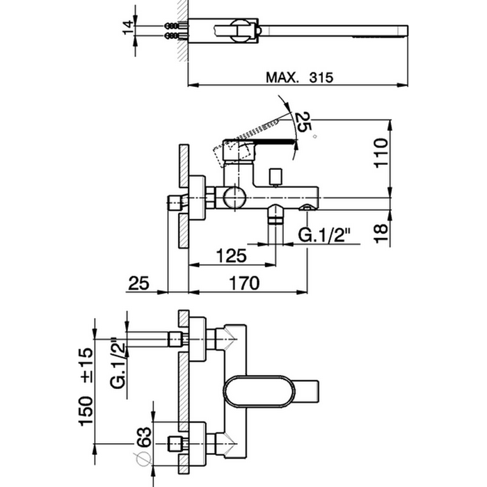 CISAL LineaViva Смеситель настенный для ванны/душа с ручной лейкой,держателем и шлангом, цвет: хром