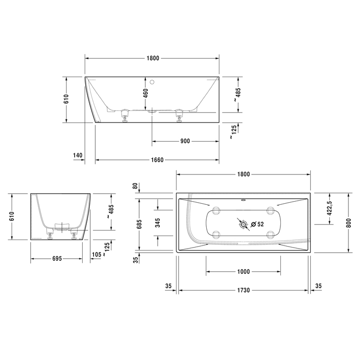 Duravit Vitrium Ванна встраиваемая 180x80см, Dx, с ножками, с2 наклонами для спины, прямоугольная, цвет: белый