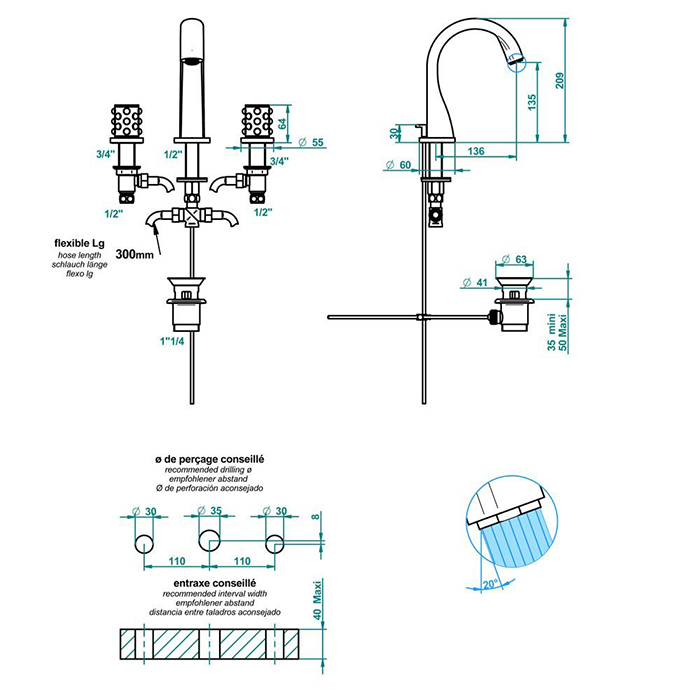 THG Mossi Смеситель для раковины, 3 отв., цвет: хром/прозрачный хрусталь