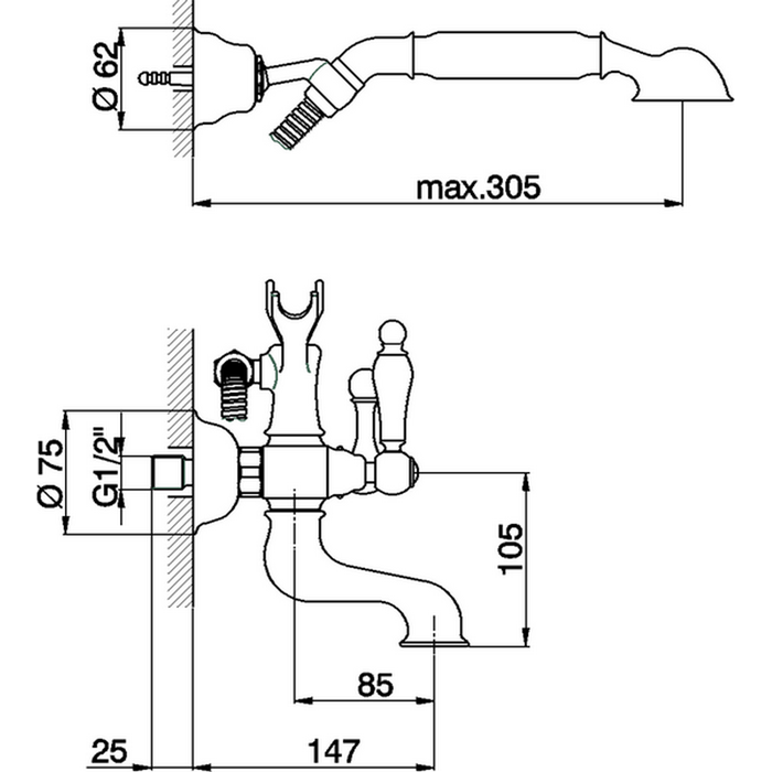 CISAL Arcana Toscana Смеситель для ванны с душевым комплектом, цвет: золото/белый