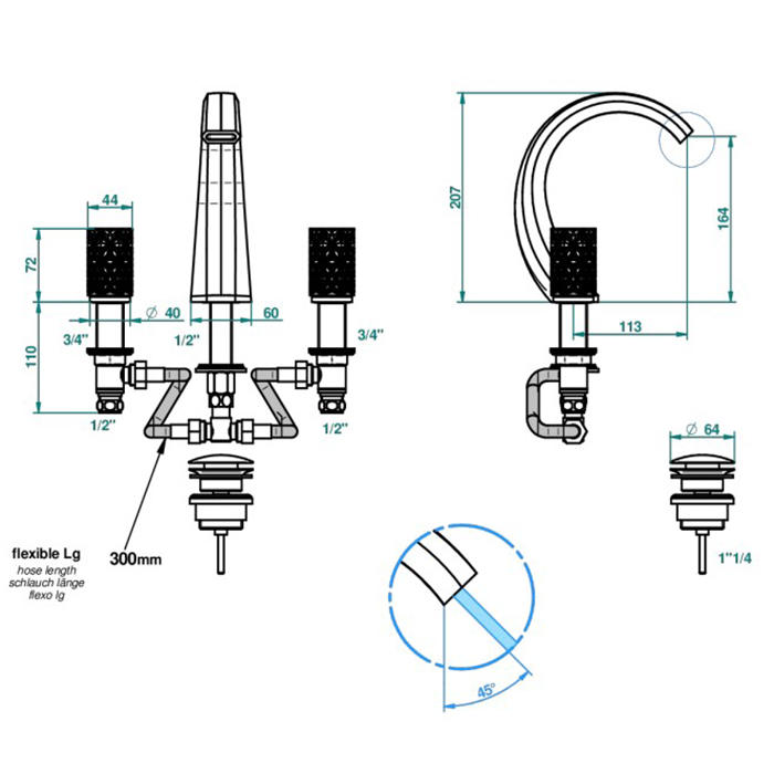 THG NIHAL PORCELAINE BLEUE Смеситель для раковины на 3 отверстия, с донным клапаном, цвет: хром