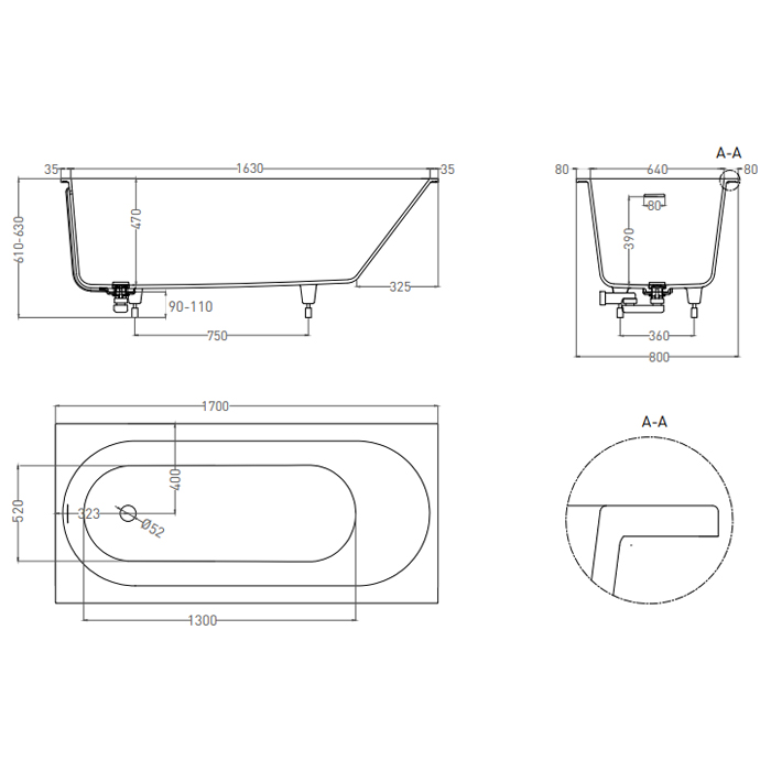 Salini Ornella Kit Ванна 170х80х60см., встраиваемая, S-Sense, донный клапан, сифон, щелевой слив-перелив, цвет: белый глянцевый