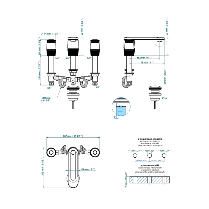 THG CORVAIR FIOR DI BOSCO Смеситель для раковины на 3 отверстия, для установки на мраморную столешницу, с донным клапаном, цвет: Blush PVD