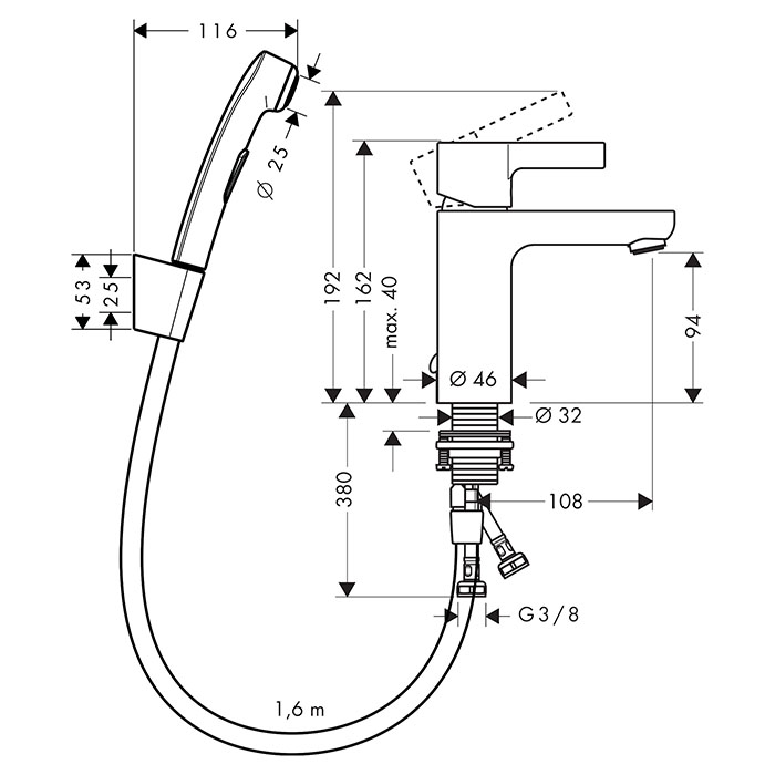 Hansgrohe Metris S Смеситель для раковины, на 1 отв., с ручным душем и настенным держателем, цвет: хром