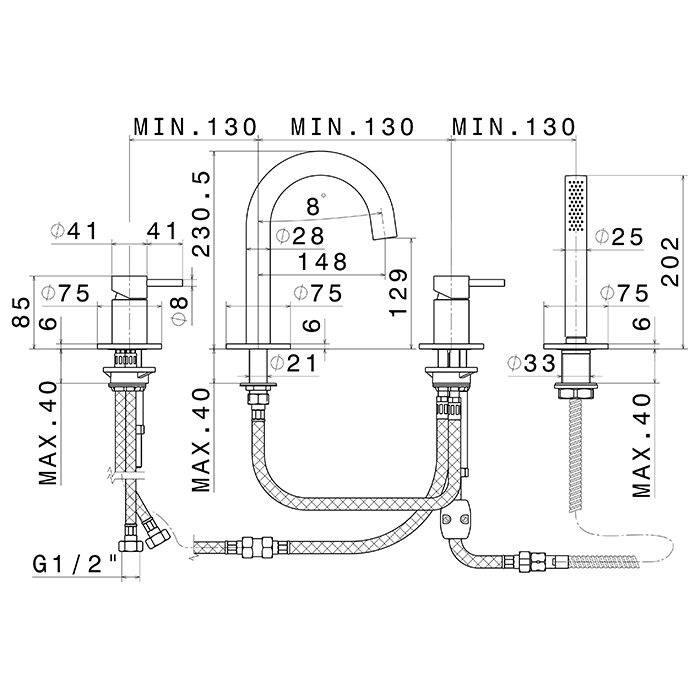 Newform X-Steel 316 Смеситель на борт ванны, 4 отв., с изливом и ручным душем, цвет: PVD brushed pale gold