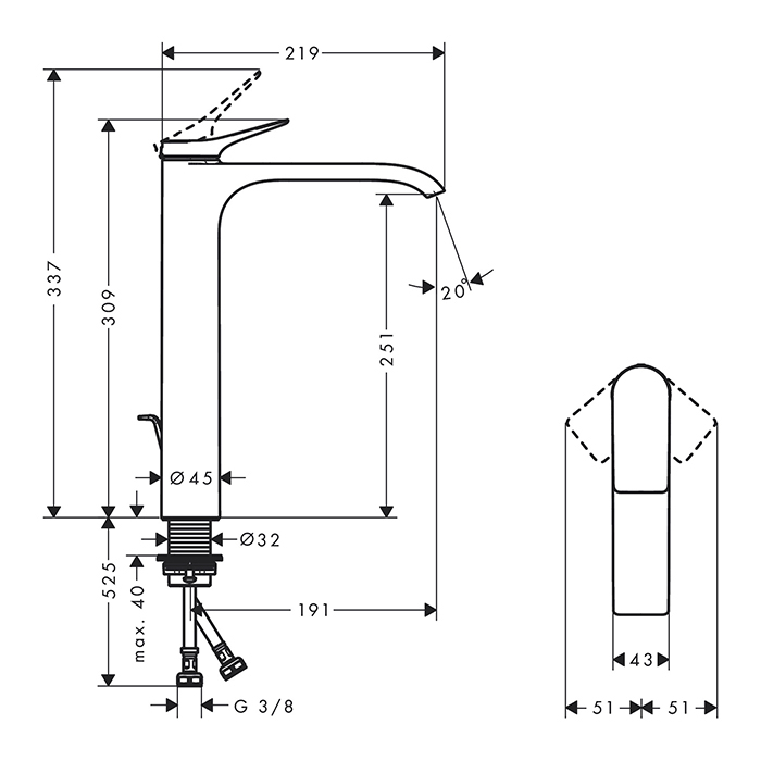 Hansgrohe Vivenis Смеситель для раковины 250, на 1 отв., высокий, с донным клапаном, цвет: хром	