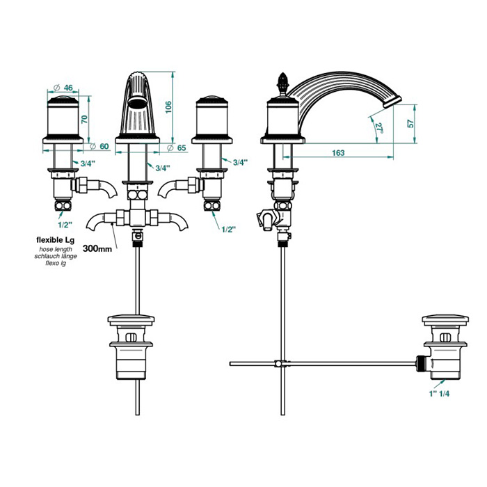 THG Malmaison Portoro Смеситель для раковины на 3 отверстия, с донным клапаном, цвет: полированное золото