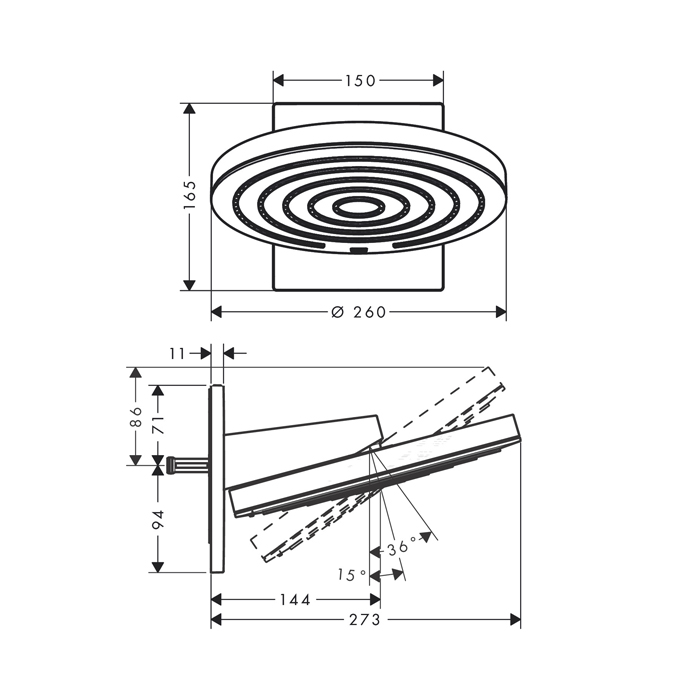 Hansgrohe Pulsify Верхний душ Ø260 мм., с настенным креплением, 2 режима, внешняя часть, цвет: белый матовый/графит