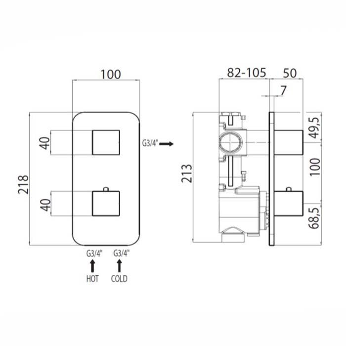 Bossini Oki Термостат для душа, встраиваемый, с девиаторм/запорным вентилем на 1 или 2 выхода,  уст-ка верт/гор., цвет: хром