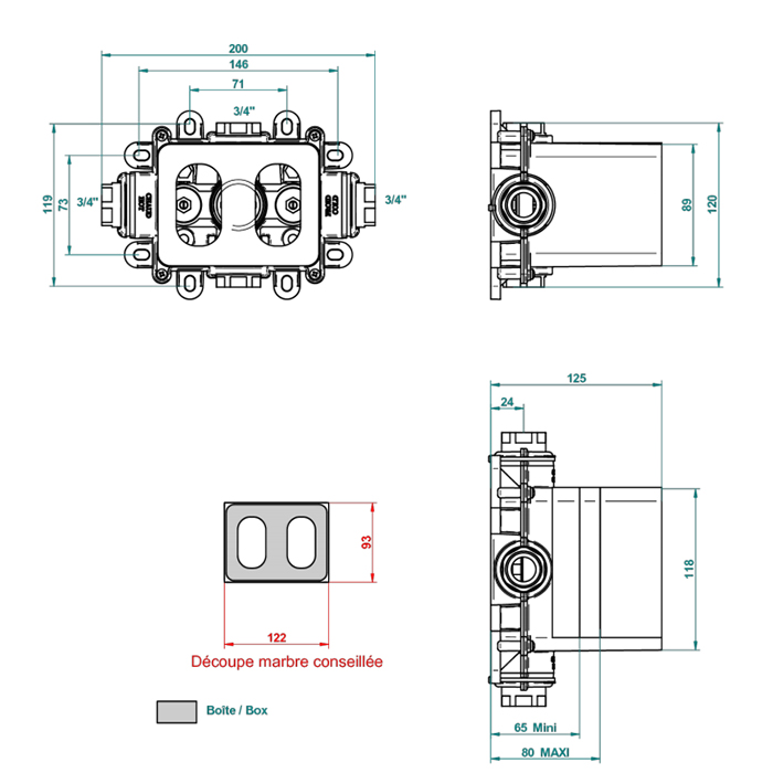 THG Термостат  3/4" - 60 л/мин с восковым картриджем и коробкой для встраивания, без ручки регулировки