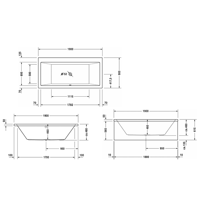 Duravit VERO Ванна 190х90см, акриловая, прямоугольная встраиваемая или с панелями, с 2 наклонами для спины, цвет: белы