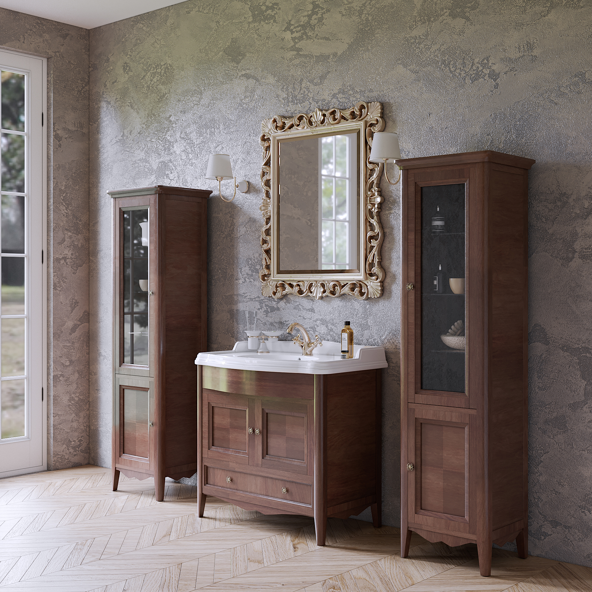 TW Veronica Nuovo комплект мебели  с 1-м выдвижным ящиком и 2-мя дверцами, с доводчиками Blum, ручки: бронза, 90см, напольный, Цвет: noce