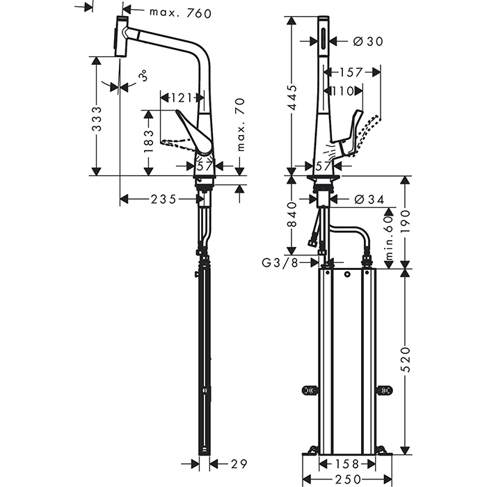 Hansgrohe Metris M71 Смеситель для кухни, на 1 отв, поворотный излив: 23.5см с вытяжным душем, 2jet, h: 33.3см, sBox, цвет: нержавейка