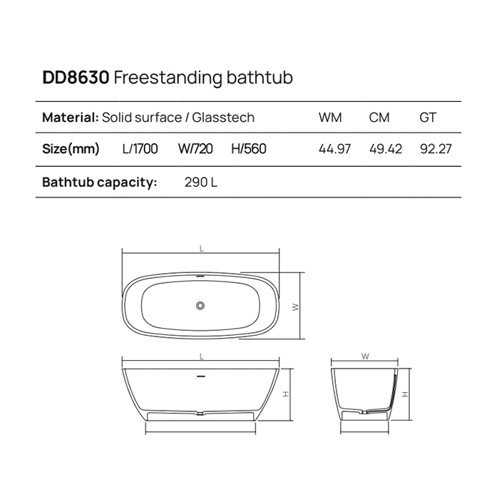 Dea Design Soul Ванна 170х72х56см., отдельностоящая, Solid Surface, цвет: Black №16