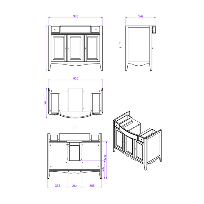 TW Veronica, База с раковиной Simas AR874bi*1 105x56см, с 1отв.,  2 верх.ящ. 3 распашные дверки, доводч. Blum, ручки: Riflesso бронза, напольная, цвет: VINTAGE