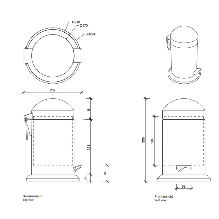 Decor Walther TE 30 Ведро 17xh31см, с педалью и крышкой, напольное, цвет: белый / сталь полированная