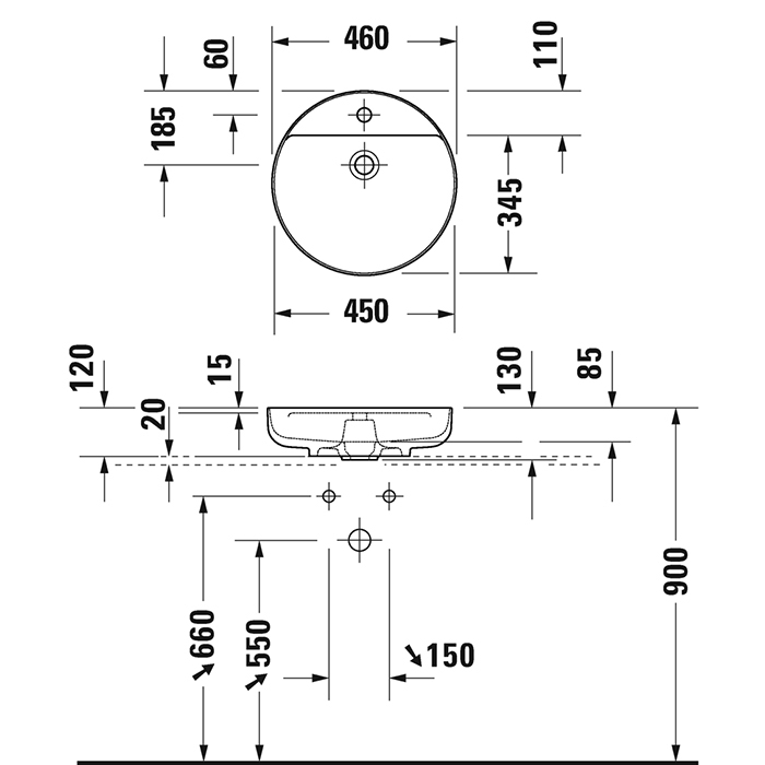 Duravit Vitrium Раковина накладная 46см., с 1 отв., круглая, из DuroCast UltraResist, без перелива, с полкой, цвет: аквамарин матовый