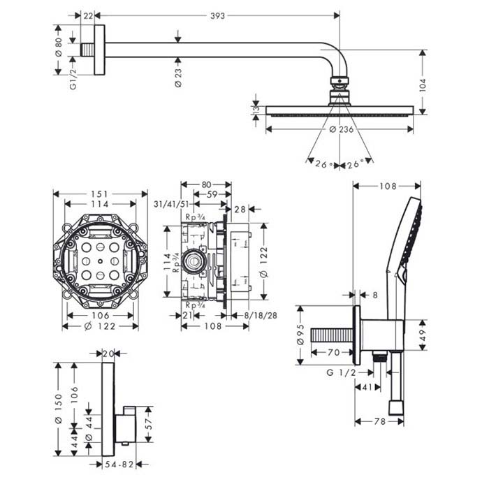 Hansgrohe Raindance S Душевая система, Верхний душ 23.6см., с термостатическим смесителем, ручным душем и держателем, цвет: хром