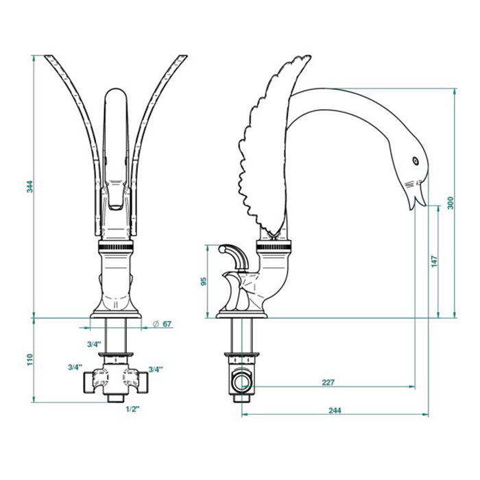 THG Cygne Излив для ванны с переключателем, цвет: полированное золото