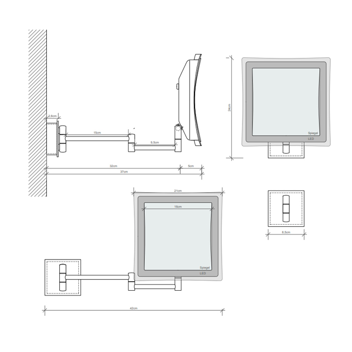 Decor Walther BS 84 Touch Косметическое зеркало 23x21см, подвесное, увел. 5x, сенсорный вкл., подсветка LEDй, цвет: хром