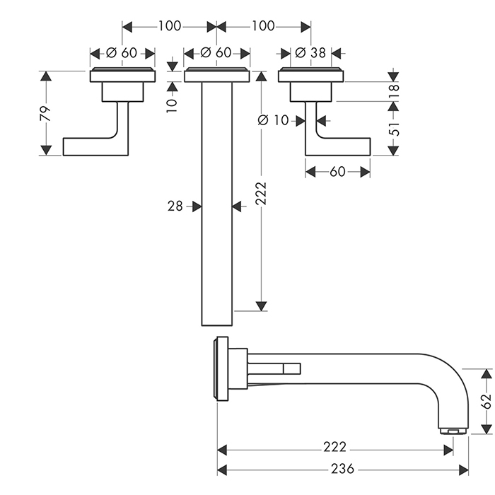 Axor Citterio Смеситель для раковины 222, встраиваемый, излив: 22.2см., ручка: рычаг, цвет: сталь