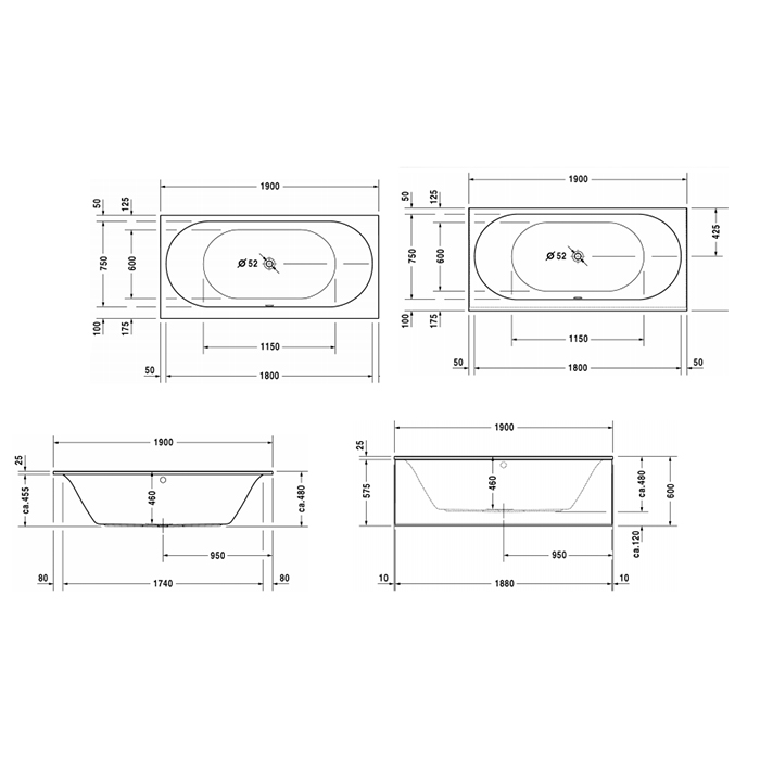 Duravit Darling New  Ванна 190х90x60см, акриловая, прямоугольная встраиваемая или с панелями,с 2 наклонами для спины, цвет: белый