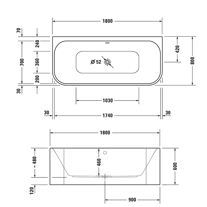 Duravit Happy D.2 Plus Ванна пристенная 180х80х60см, 2 наклона для спины, акриловая, ножки, цвет: белый