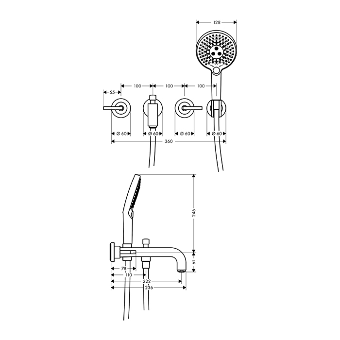 Axor Citterio Смеситель для ванны, встраиваемый, с ручным душем, ручка: рычаг, цвет: полированное золото
