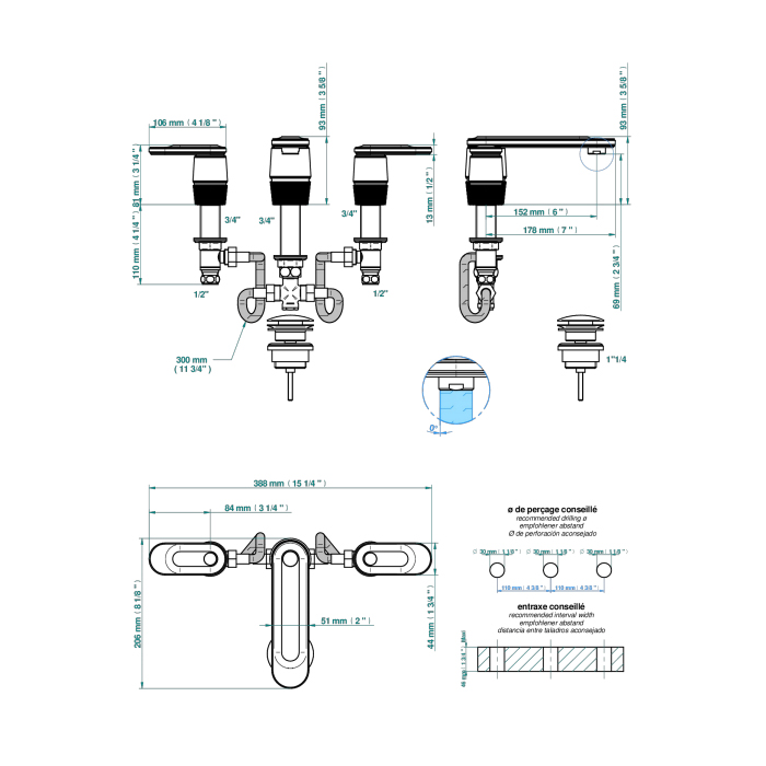 THG CORVAIR A MANETTES FIOR DI BOSCO Смеситель для раковины на 3 отверстия, с донным клапаном, цвет: Blush PVD