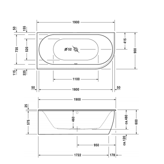 Duravit Darling New  Ванна 190х90x60см, акриловая, угол слева, с панелью и ножками,с 2 наклонами для спины, цвет: белый